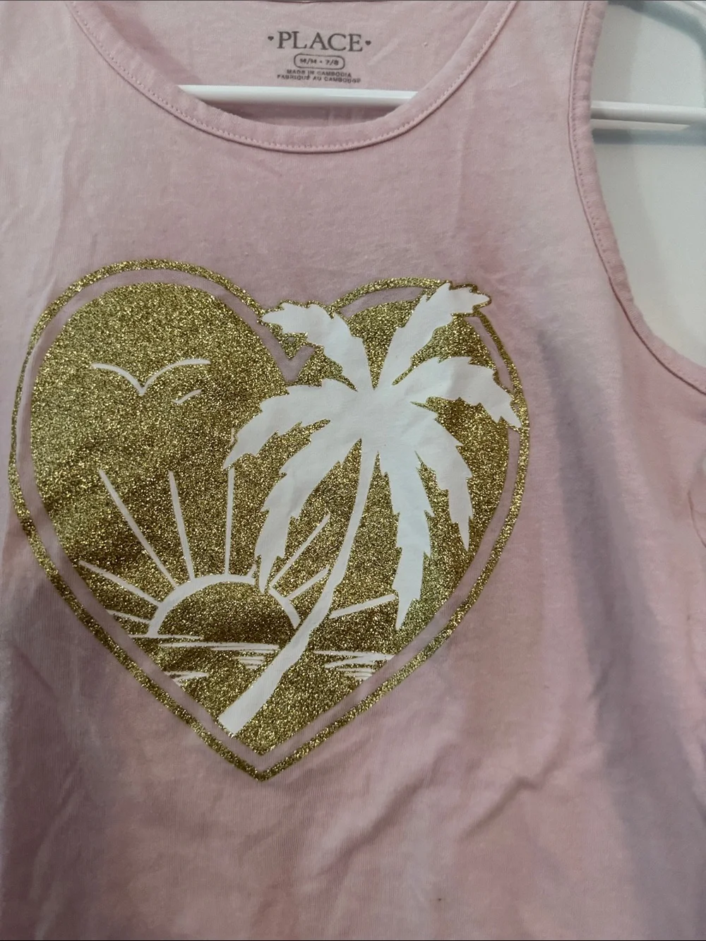 Gently worn Pink Tank Top with Gold Glitter Palm Heart with matching skort set